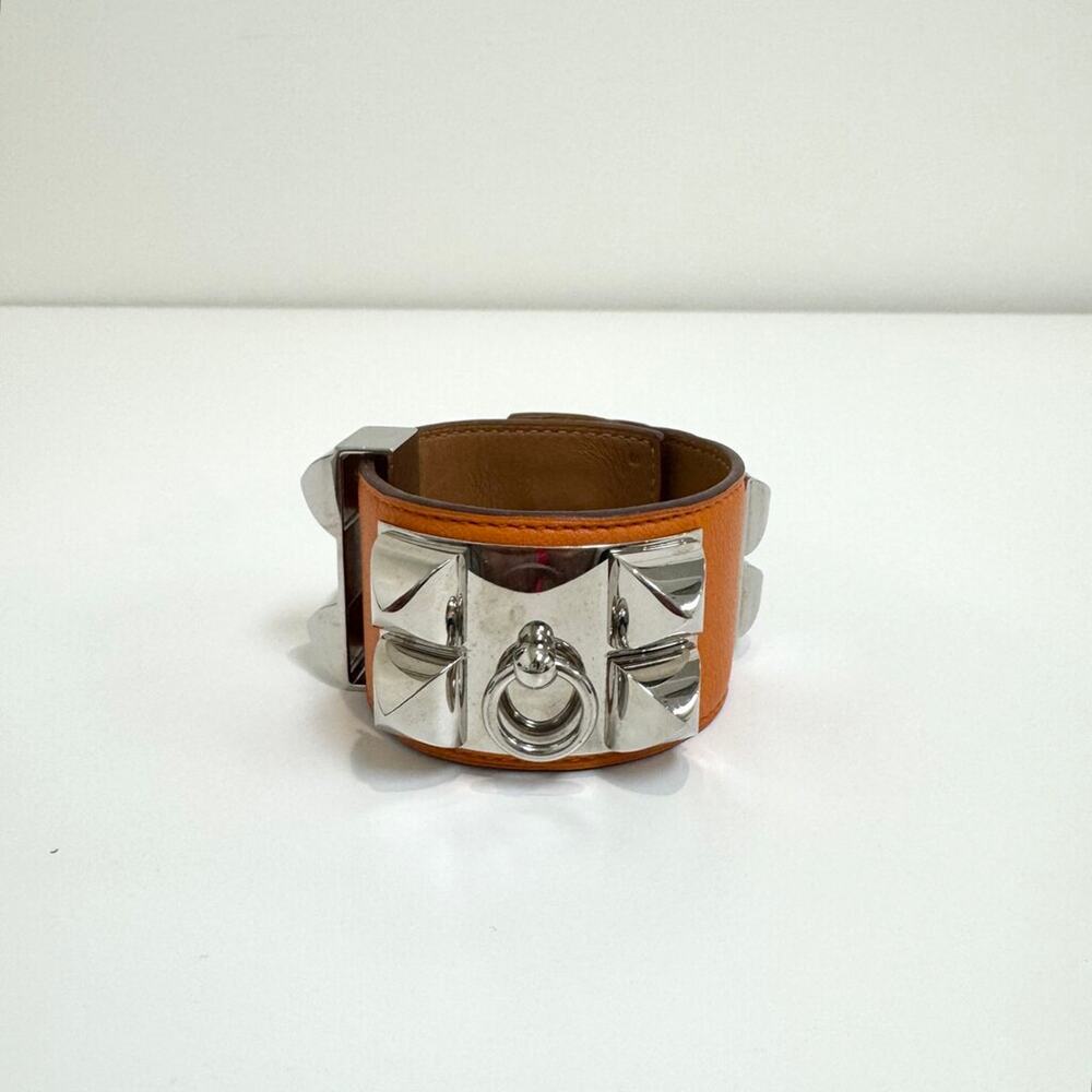 HERMES Collier De Chien Orange Leather Silver Bracelet Thick Studded Jewelry